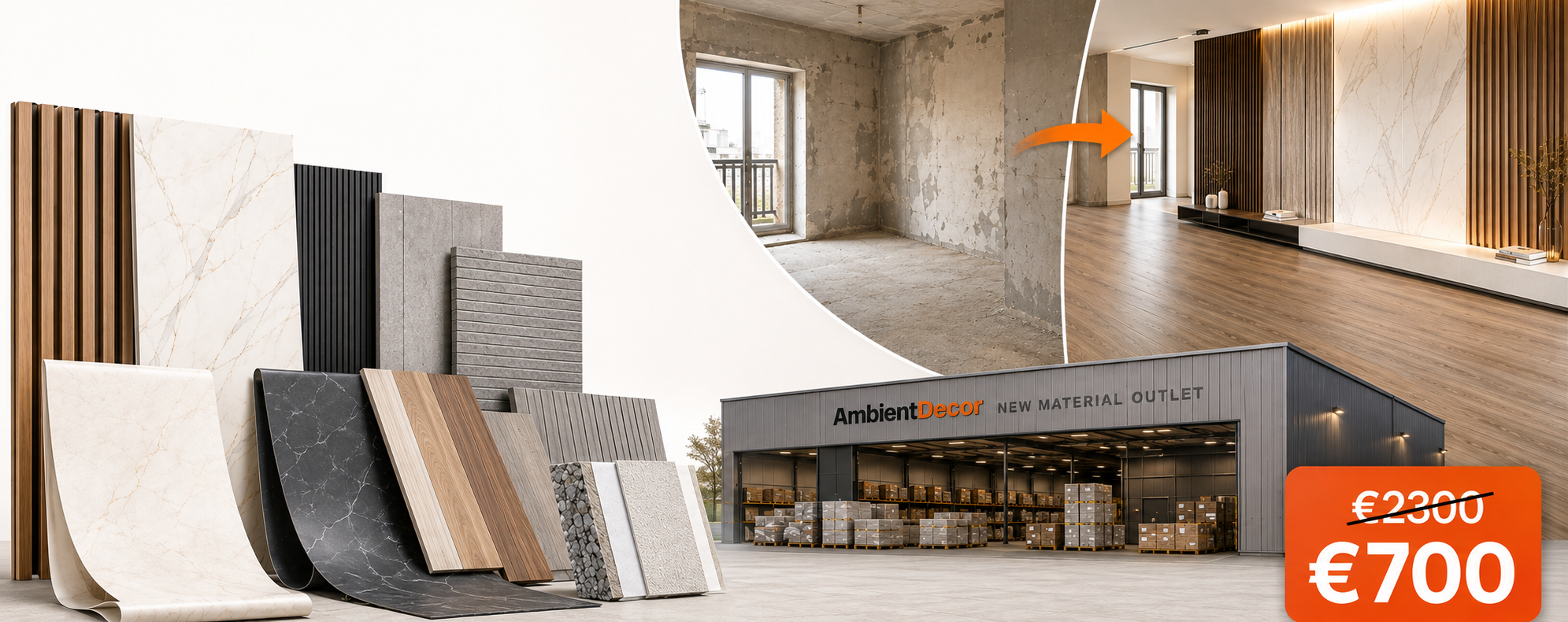 Skladišče Ambient Decor New Material Outlet z vzorci panelov ter prenovo pred in po